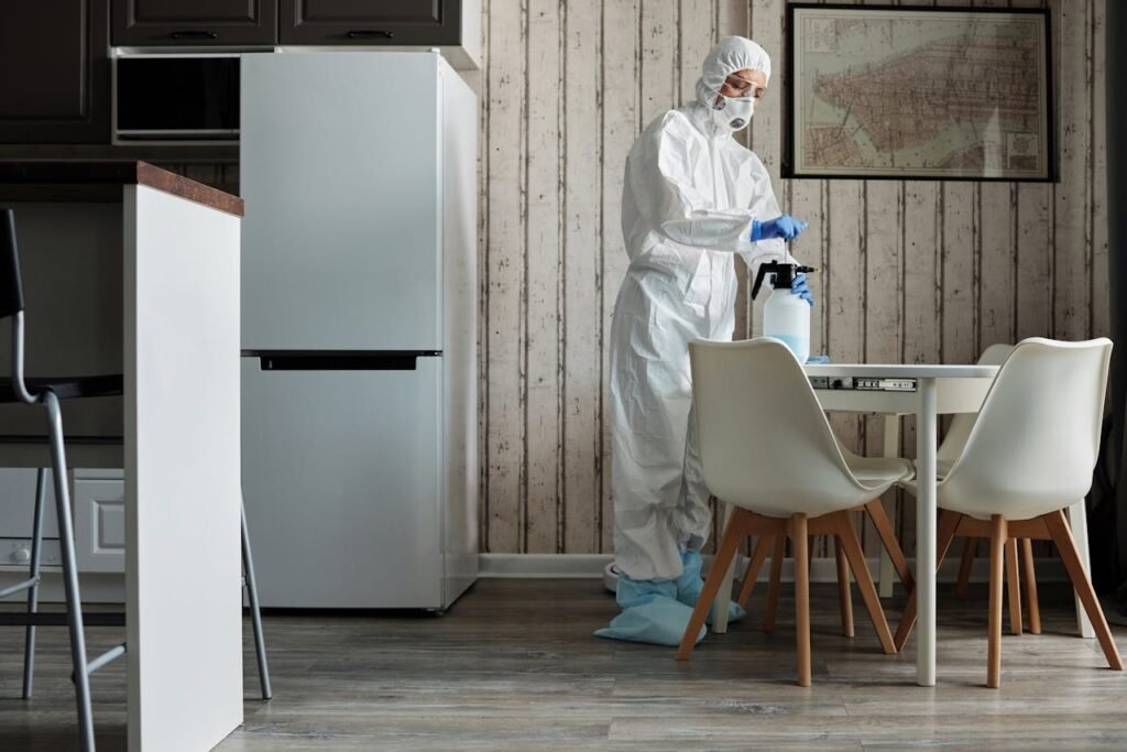 Person in hazmat suit disinfecting a modern kitchen table with spray bottle for hygiene.